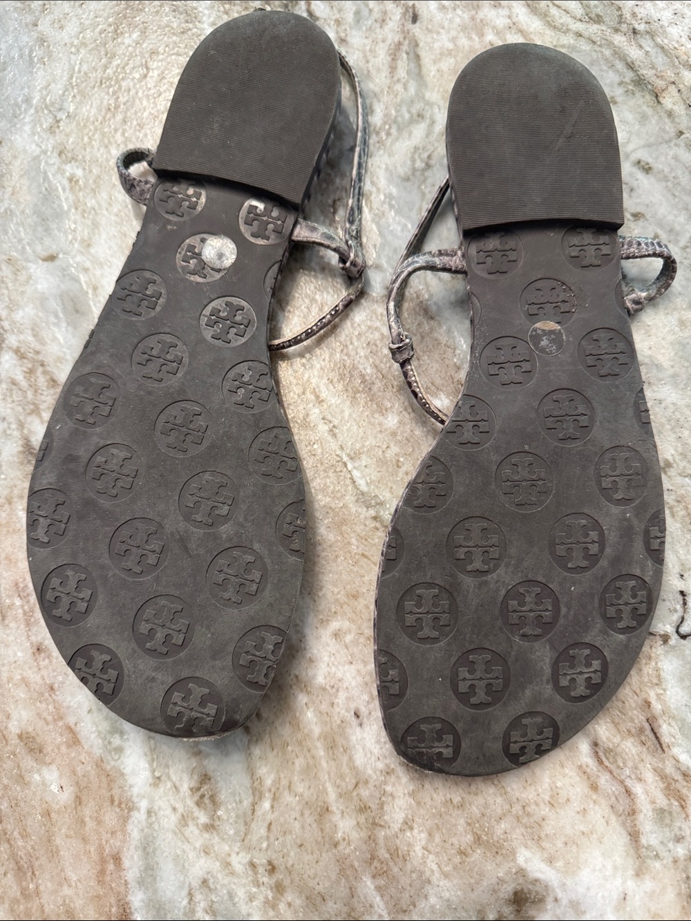 Tory Burch Croc-Embossed Gray T-Strap Sandals - Picture 4 of 6